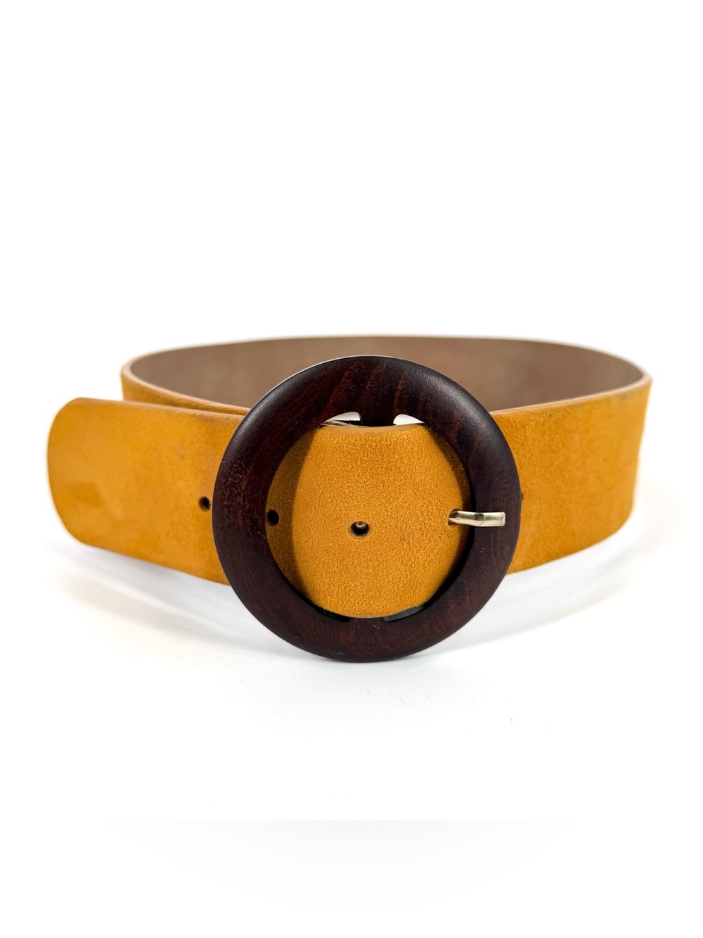 Sezane Yves Belt Mustard Yellow Suede Leather Wood Buckle 31.5in